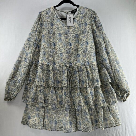 In The Style Balloon Sleeve Tiered Mini Dress Sz 20 Drawstring Waist Floral Blue - Picture 1 of 14